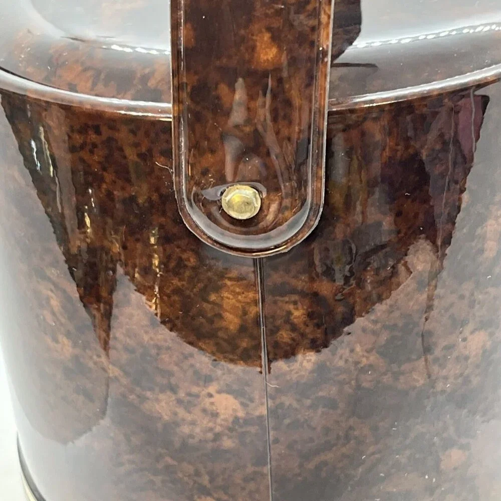 Mid-Century Faux Brown Tortoise Shell Vinyl Ice Bucket Vintage Man Cave